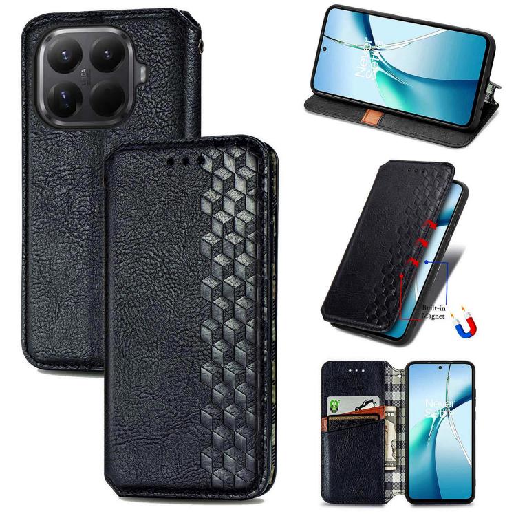 Black magnetic leather phone case with cubic grid embossed pattern and flip cover