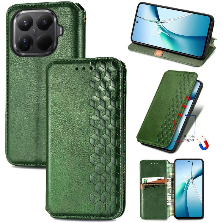 Green magnetic leather phone case with cubic grid embossed design and flip cover