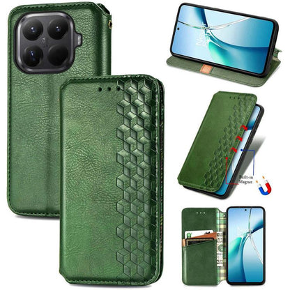 Green magnetic leather phone case with cubic grid embossed design and flip cover