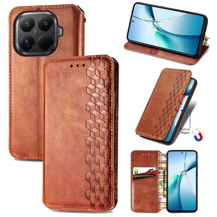 Tan magnetic leather phone case with cubic grid embossed pattern and flip cover