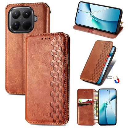 Tan magnetic leather phone case with cubic grid embossed pattern and flip cover