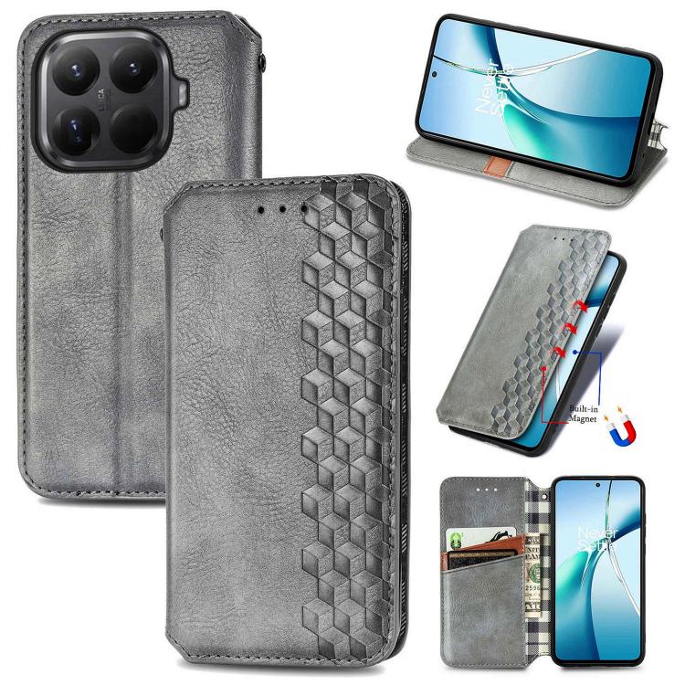 Gray magnetic leather phone case with cubic grid embossed pattern and flip cover
