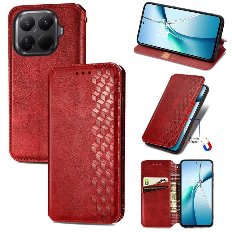 Red magnetic leather phone case with cubic grid embossed design and flip cover