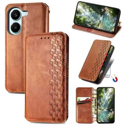 Brown magnetic leather phone case with cubic grid emboss, shown with open flip cover