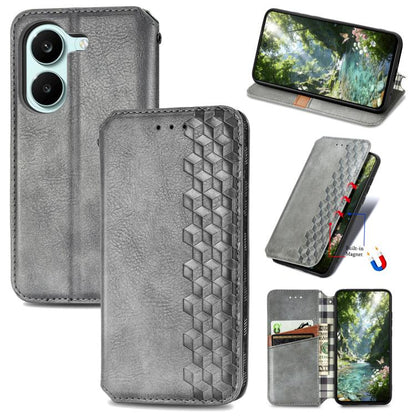 Gray magnetic leather phone case with cubic grid emboss, shown with open flip cover