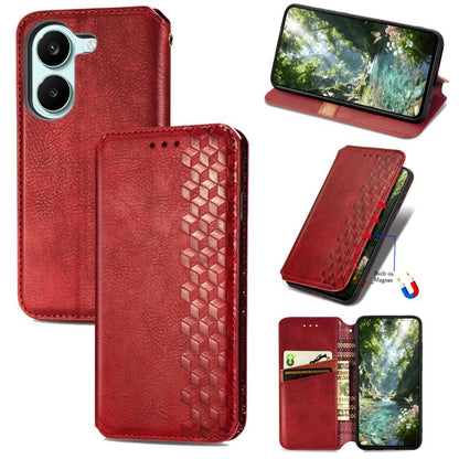 Red magnetic leather phone case with cubic grid emboss, shown with open flip cover
