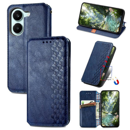 Blue textured leather magnetic wallet phone case with cube grid pattern and card slots