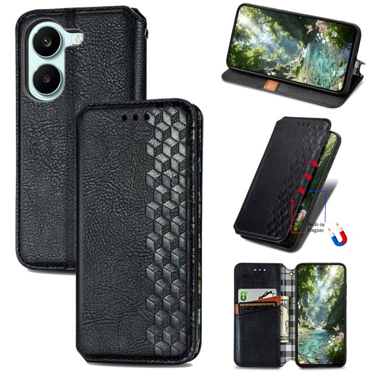 Black textured leather magnetic wallet phone case with cube grid pattern and card slots