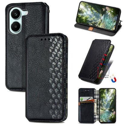 Black textured leather magnetic wallet phone case with cube grid pattern and card slots