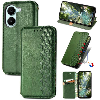 Green textured leather magnetic wallet phone case with cube grid pattern and card slots