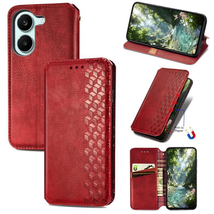 Red textured leather magnetic wallet phone case with cube grid pattern and stand feature