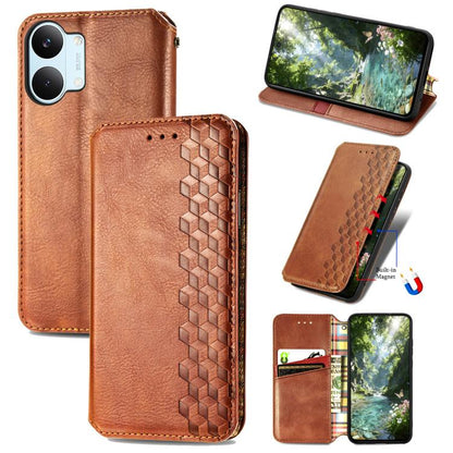 Brown magnetic leather phone case with cubic grid embossed pattern and card slots