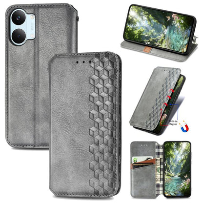 Gray magnetic leather phone case with cubic grid embossed pattern and card slots
