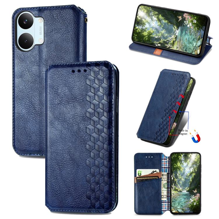 Blue textured leather magnetic phone case with cube grid pattern and fold-out stand