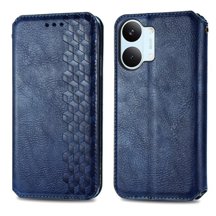 Blue leather magnetic phone case, front and back views with embossed cube grid design