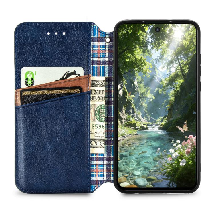 Blue magnetic leather phone case open to show card slots and interior pocket