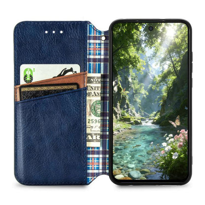 Blue magnetic leather phone case open to show card slots and interior pocket