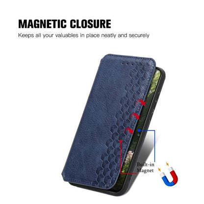 Blue leather magnetic phone case with built-in magnet and cube grid texture