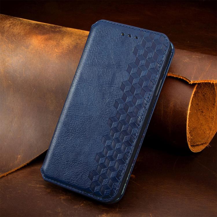 Blue leather magnetic phone case with embossed cube grid pattern on the front