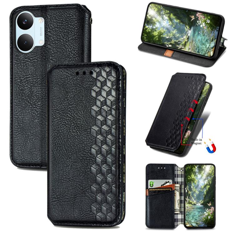 Black textured leather magnetic phone case with cube grid detail and fold-out stand