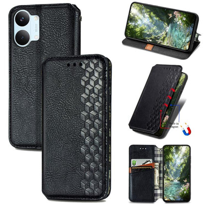 Black textured leather magnetic phone case with cube grid detail and fold-out stand