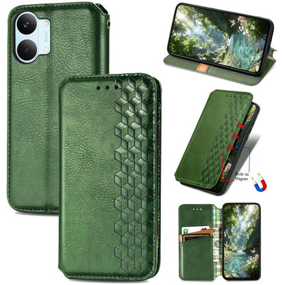 Green textured leather magnetic phone case with embossed cube grid panel