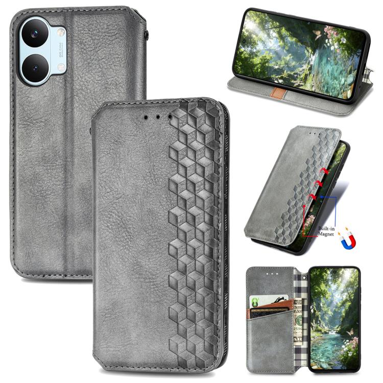 Gray textured leather magnetic phone case with cube grid pattern and stand view