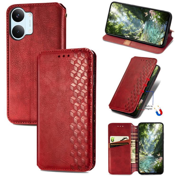 Red textured leather magnetic wallet phone case with cube grid pattern and card slots