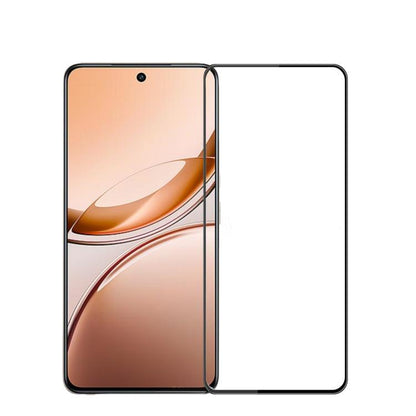 Curved tempered glass screen protector with clear panel over an orange phone display