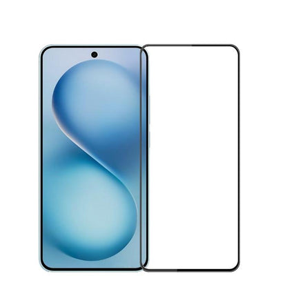 Curved tempered glass screen protector with clear front panel on a blue phone display