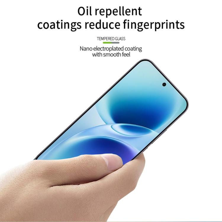 Curved clear tempered glass screen protector film with smooth finish, hand holding phone