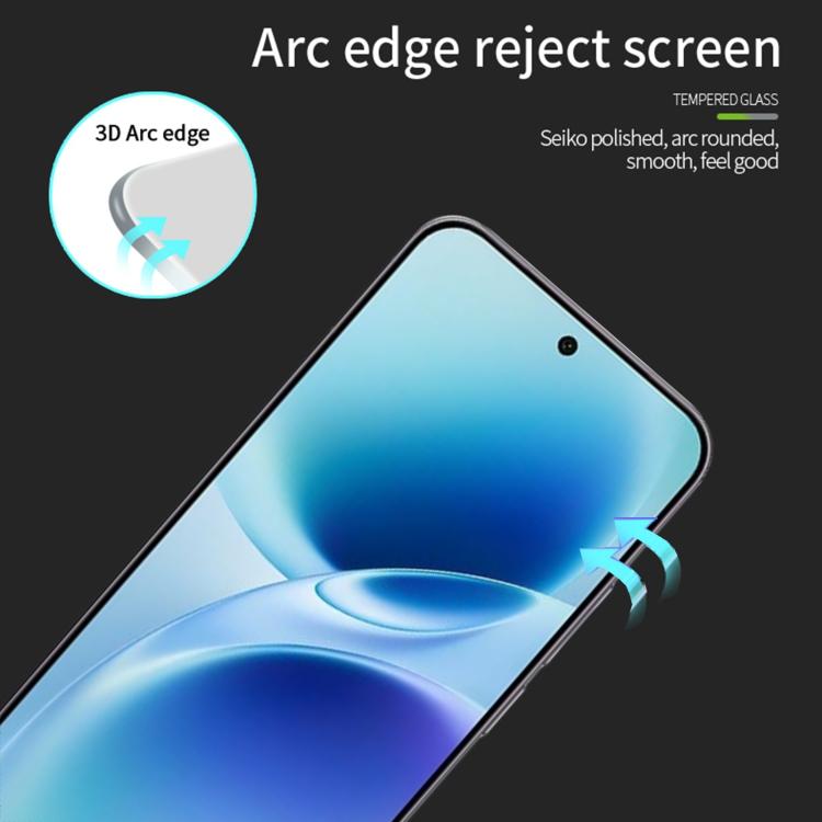 Curved tempered glass screen protector film with arc edge detail and rounded corners