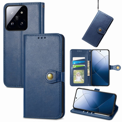 Blue retro leather phone wallet case with buckle, card slot, and fold-open stand