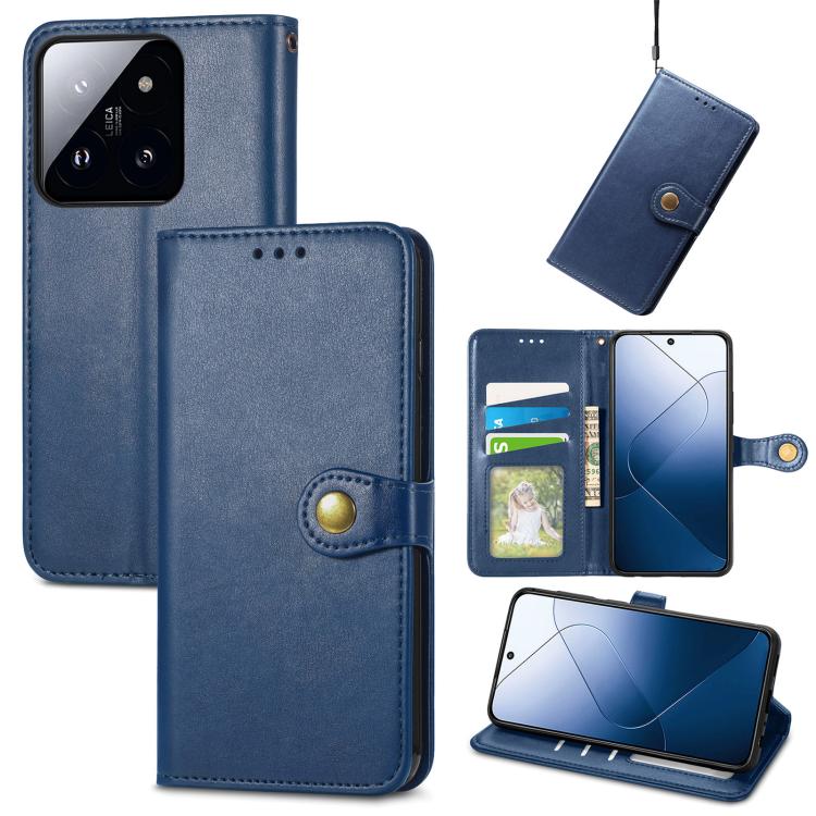 Blue retro leather phone wallet case with buckle; open front shows card pocket