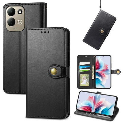 Black leather wallet phone case with buckle strap and card slots, plus stand view