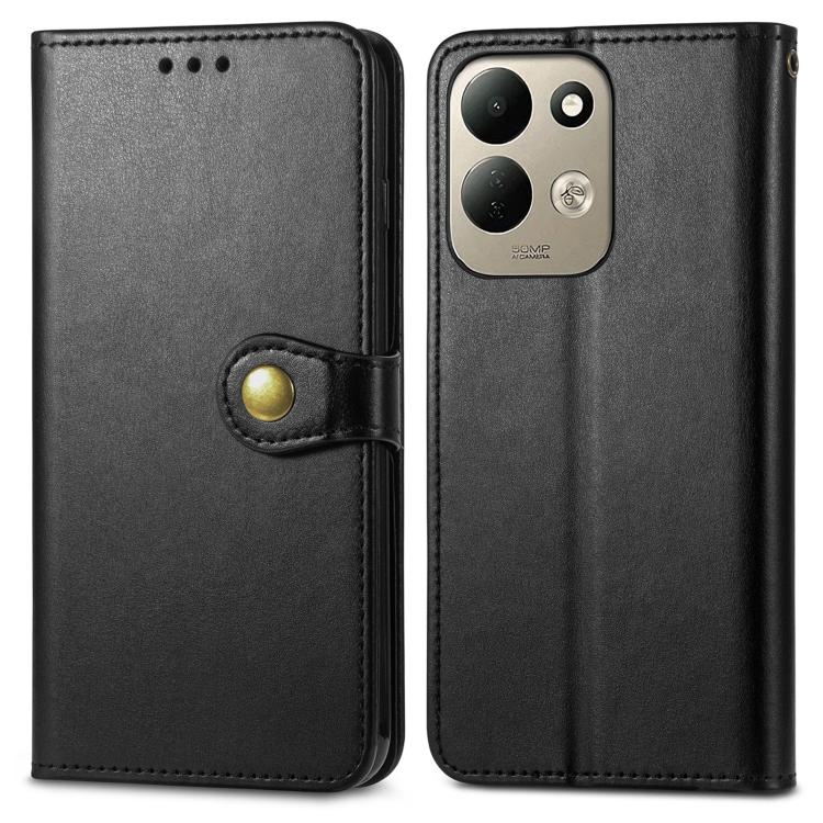 Black leather wallet phone case with gold snap buckle and card holder flap