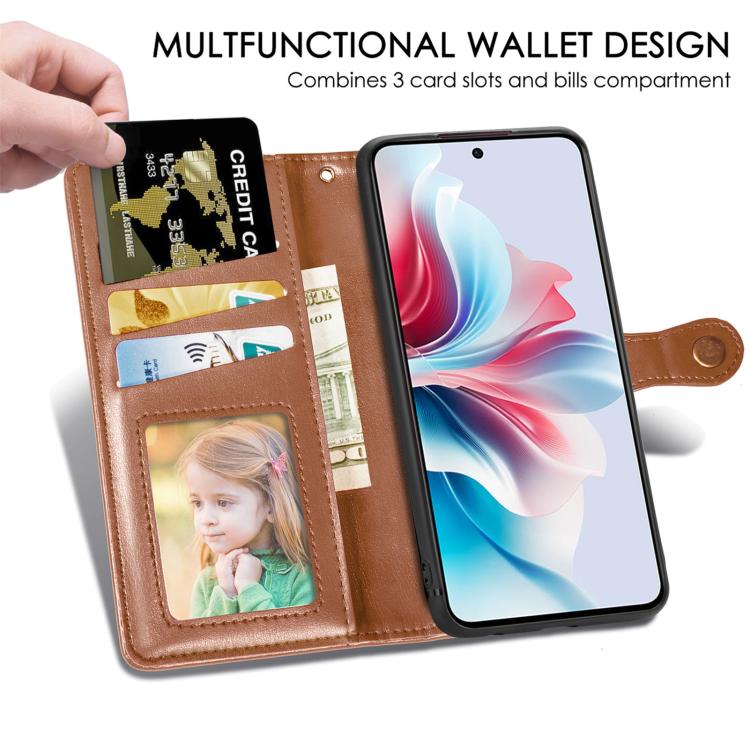 Brown leather wallet phone case with card slots, bill pocket, and button strap