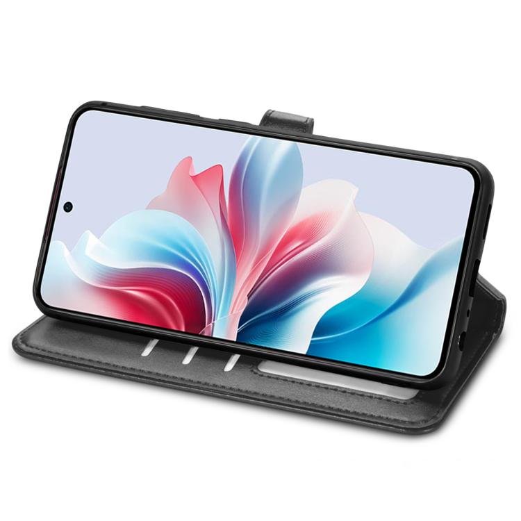Black leather wallet phone case with built-in stand for landscape viewing