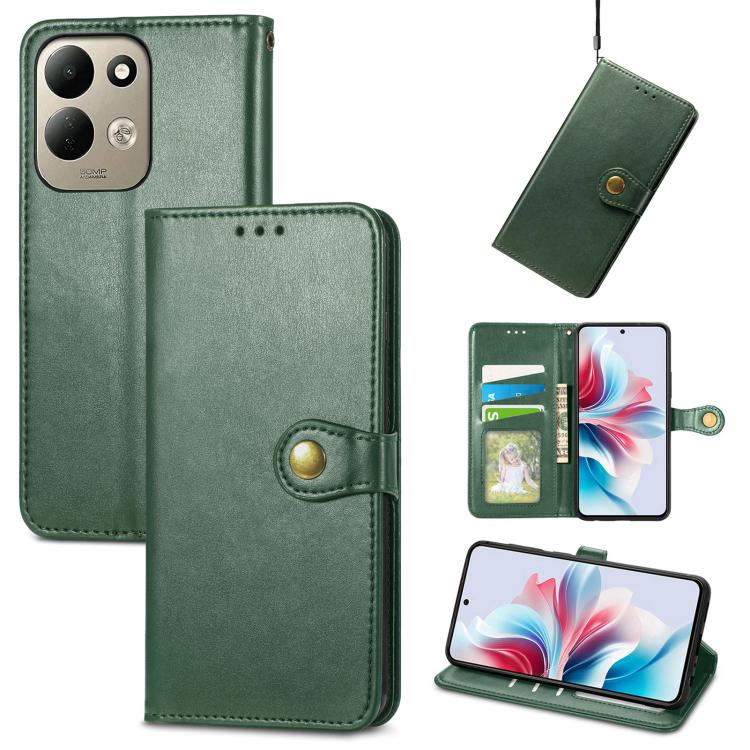 Green leather wallet phone case with gold buckle and card slots, plus flip stand