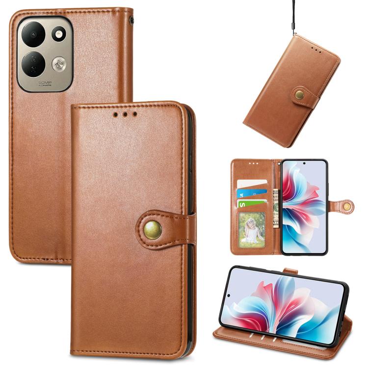 Brown leather wallet phone case with round gold buckle and card holder slots