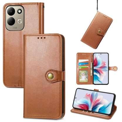 Brown leather wallet phone case with round gold buckle and card holder slots