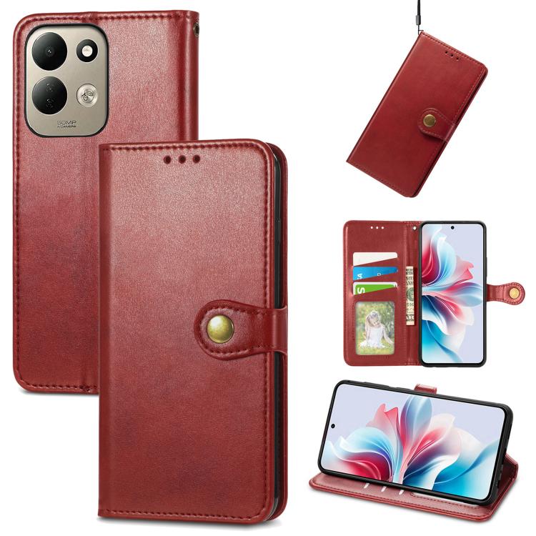 Red leather wallet phone case with gold snap buckle and card slots