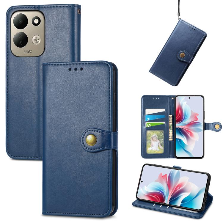 Blue leather wallet phone case with gold buckle and card holder slots