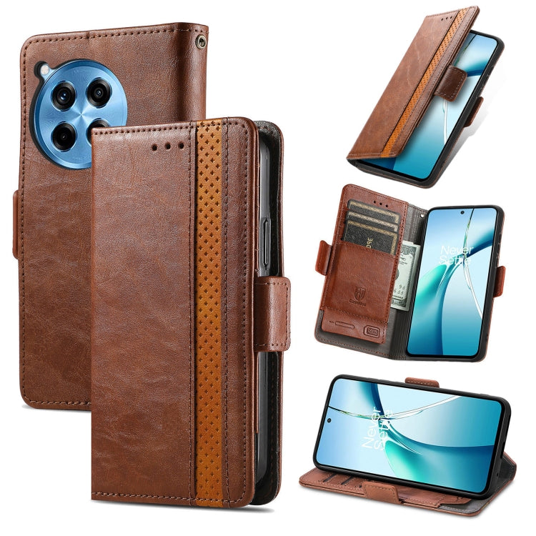 Brown leather wallet phone case with dual magnetic buckle and card slots