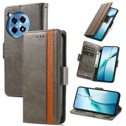 Gray leather wallet phone case with dual magnetic buckle and card slots