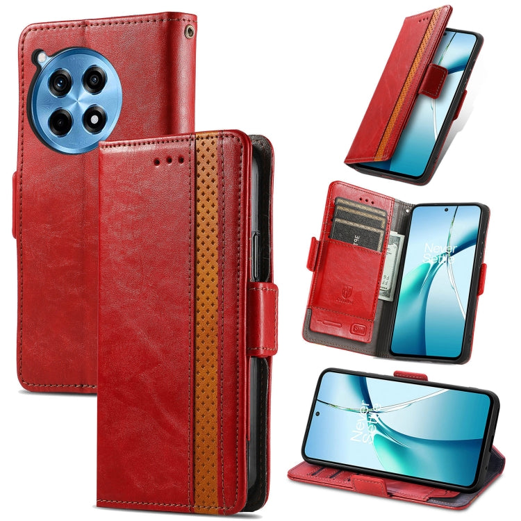Red leather wallet phone case with dual magnetic buckle and card slots