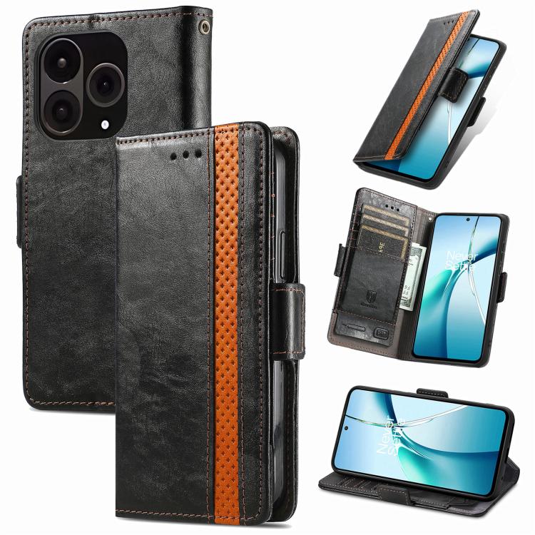Black leather phone case with orange trim, dual magnetic buckle and card slots