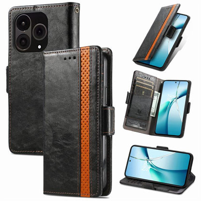 Black leather phone case with orange trim, dual magnetic buckle and card slots
