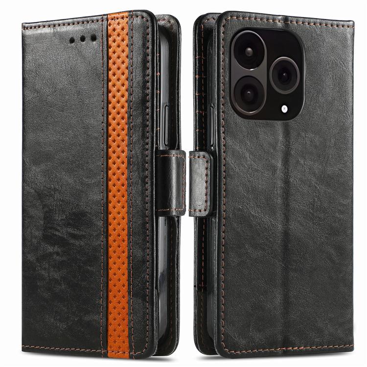 Gray leather phone case with orange accent stripe and dual magnetic buckle view