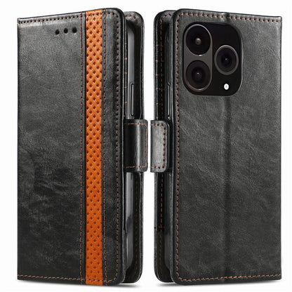 Gray leather phone case with orange accent stripe and dual magnetic buckle view